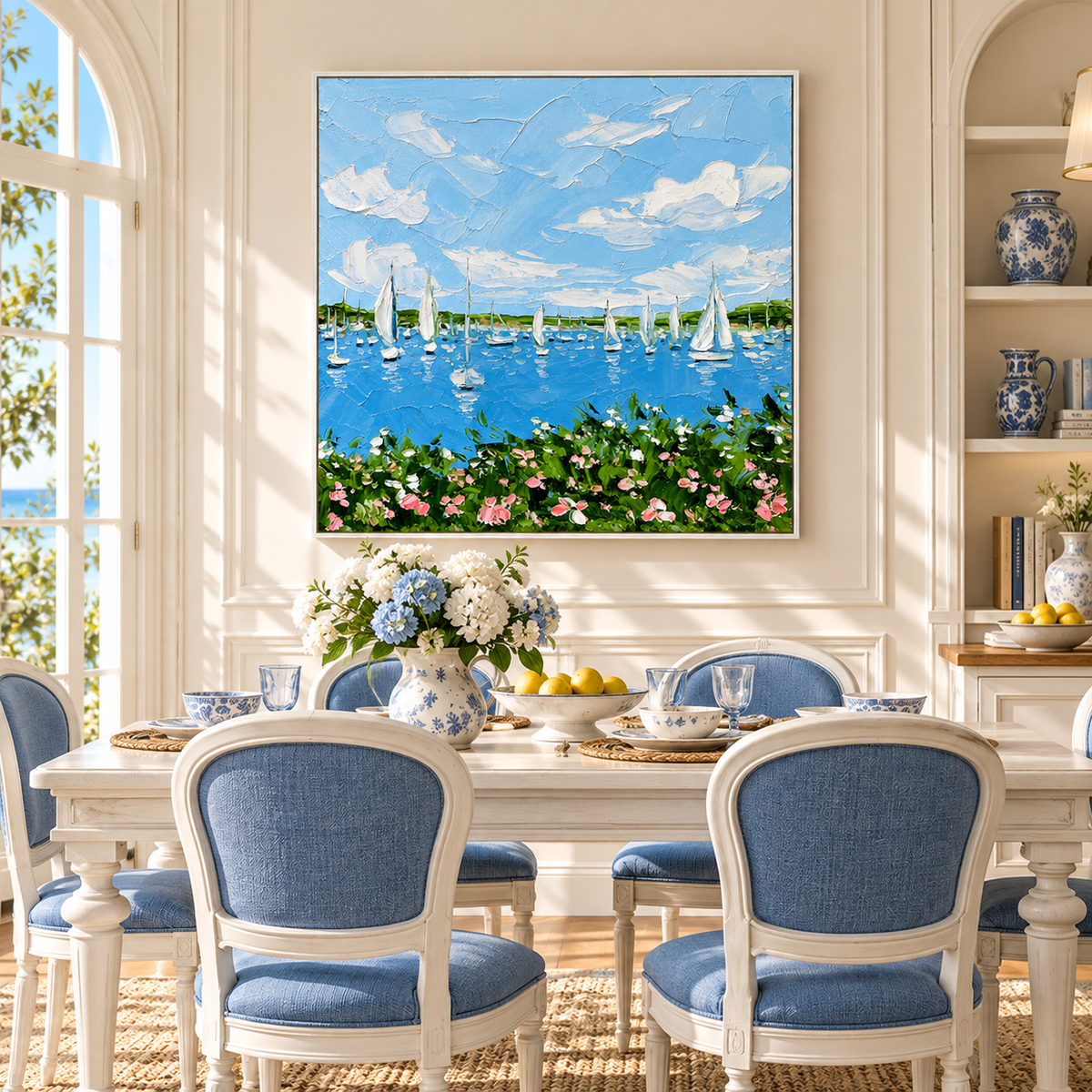 "Azure Harbor Breezes" – Coastal Sailboat Ocean Textured Impasto Oil Painting