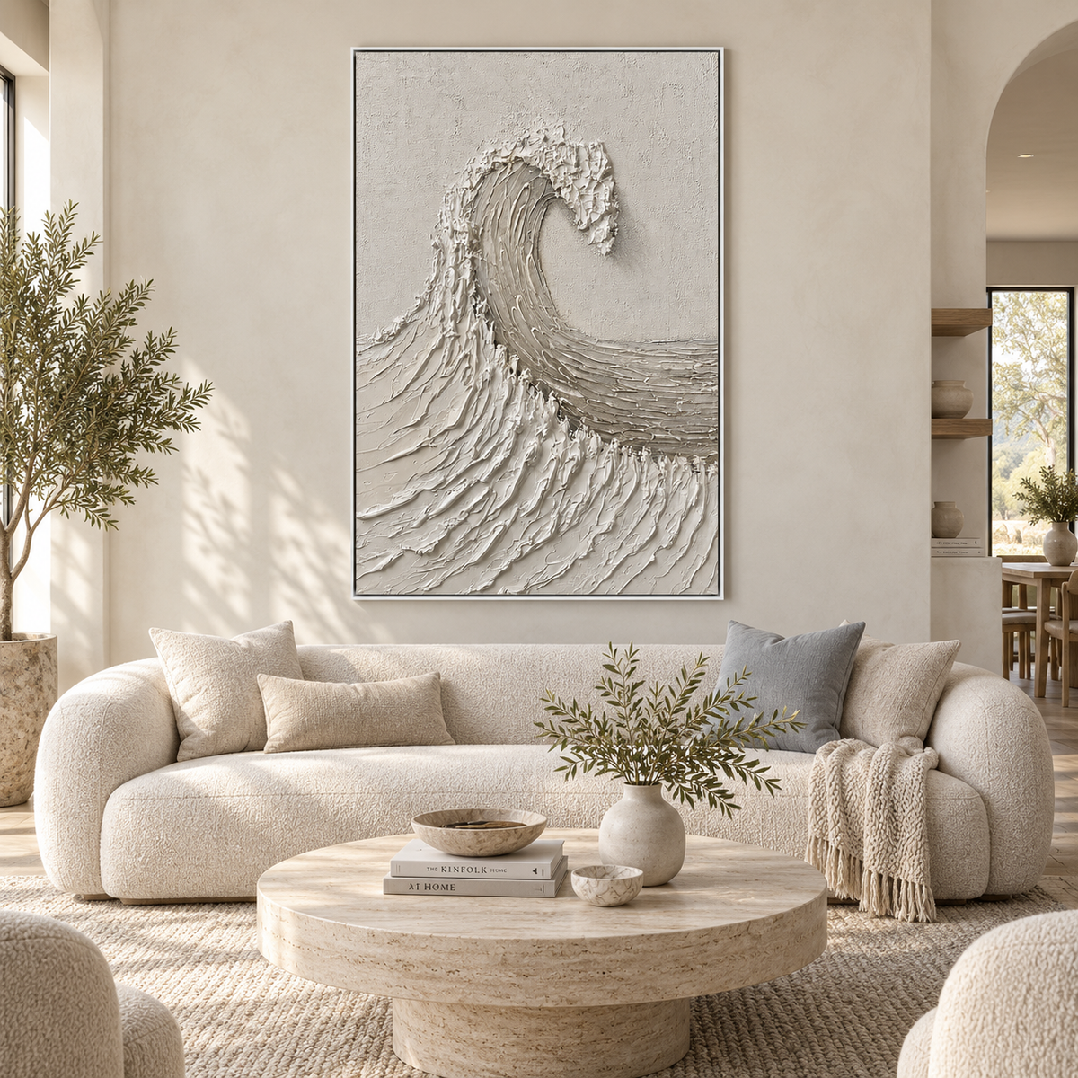 "White Tide Stillness" – Wabi Sabi Wave Textured Oil Painting