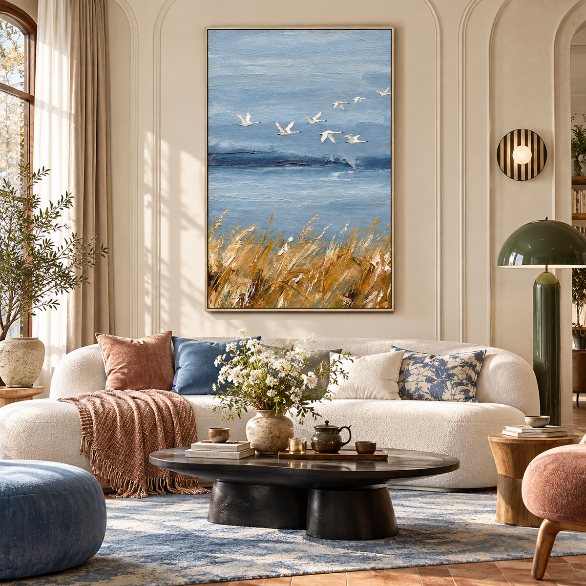 "Wings of Autumn" – Coastal Wild Swans Blue & Gold Textured Acrylic Painting