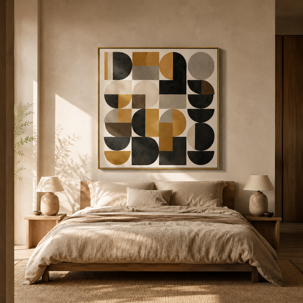"Retro Geometry" – Bauhaus Black Mustard Abstract Painting