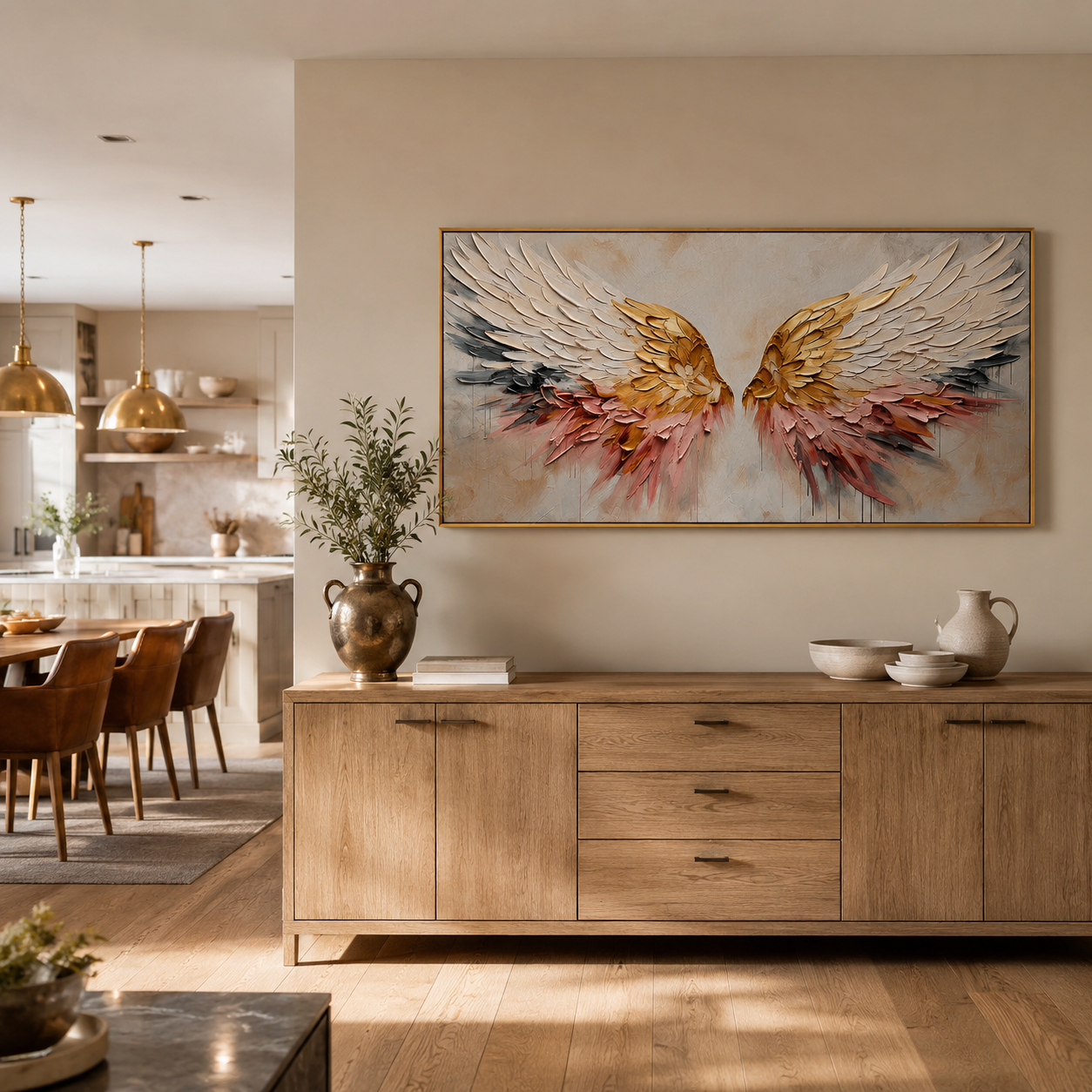 “Wings of Grace” – Gold White Angel Wings Impasto Oil Painting