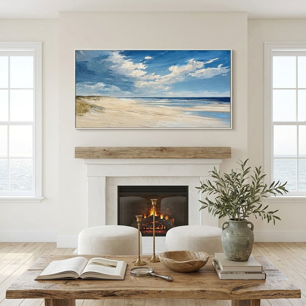 “Coastal Serenity” – Blue Sky Beach Landscape Oil Painting
