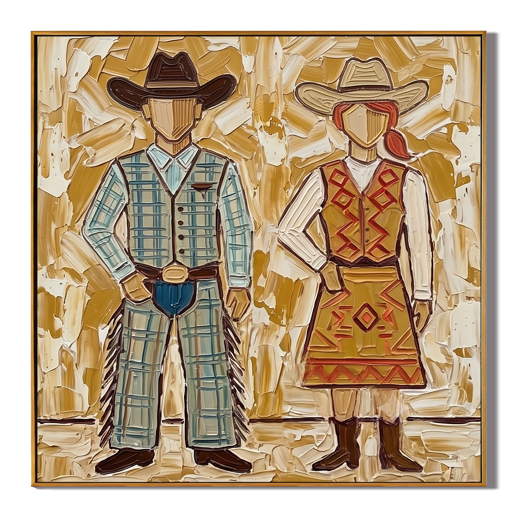 “Prairie Sweethearts” – Vintage Western Cowboy Couple Textured Oil Painting