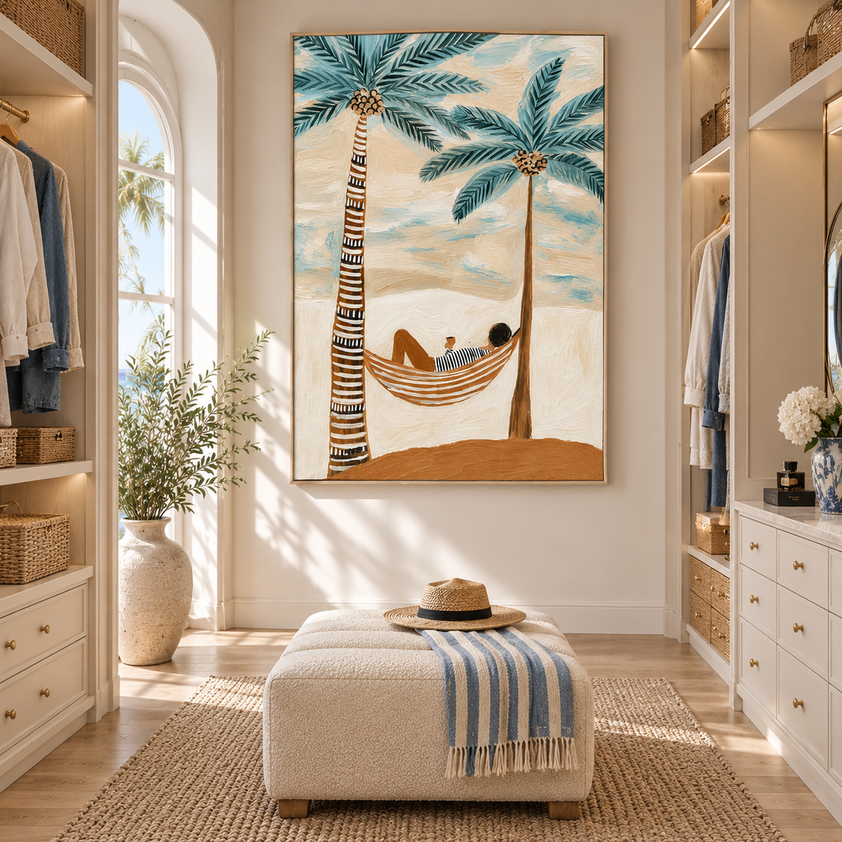 "Island Dream" – Textured Folk Art Style Tropical Palm Tree Hammock Painting