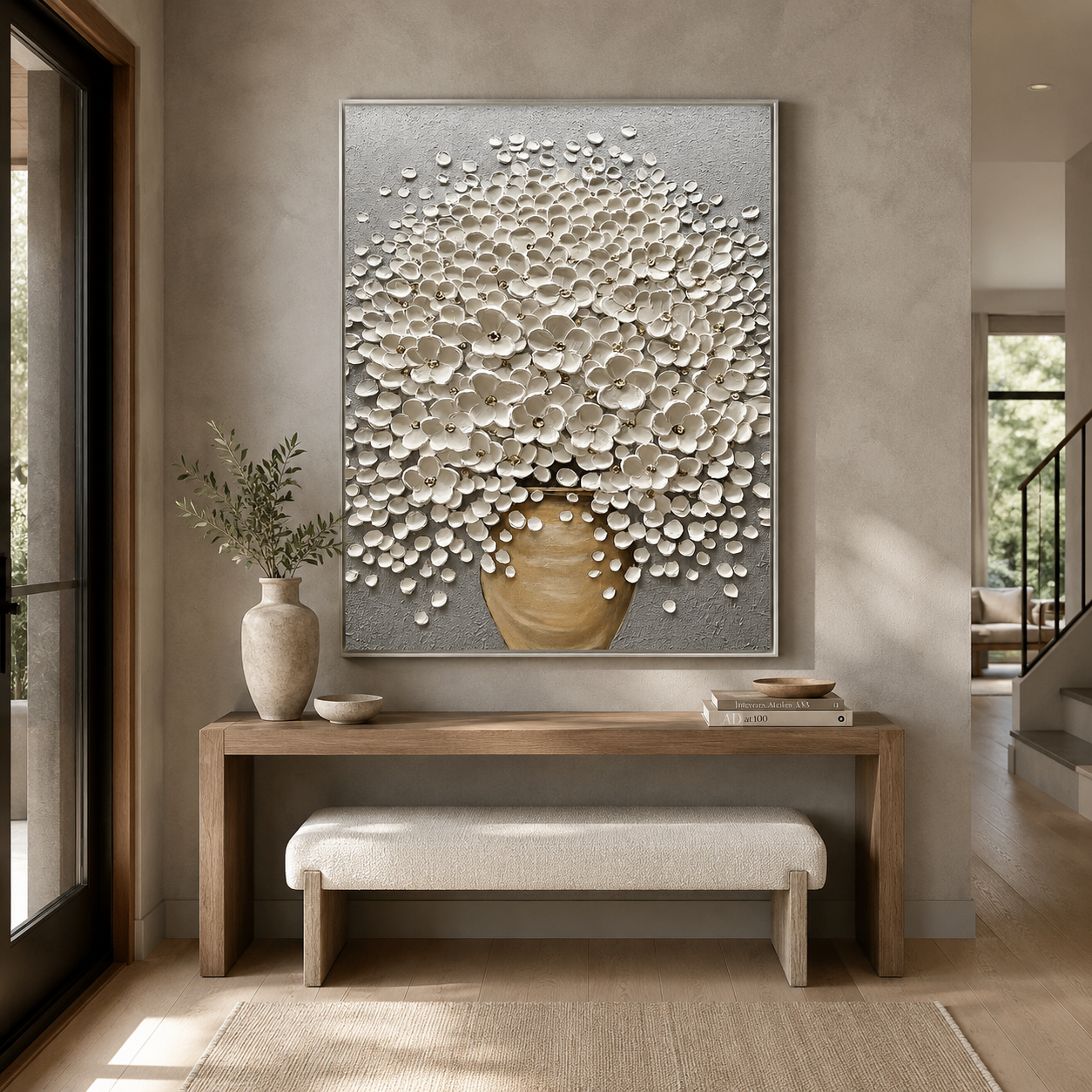 "Ivory Blossom Grace" – White Floral Vase Textured Oil Painting