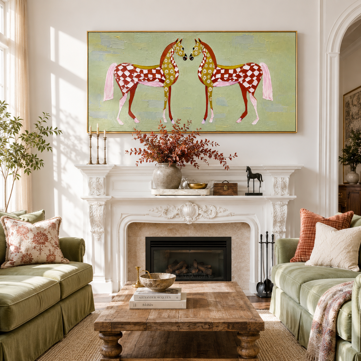 “Meadow Heart Horses” – Whimsical Folk Horse Impasto Oil Painting