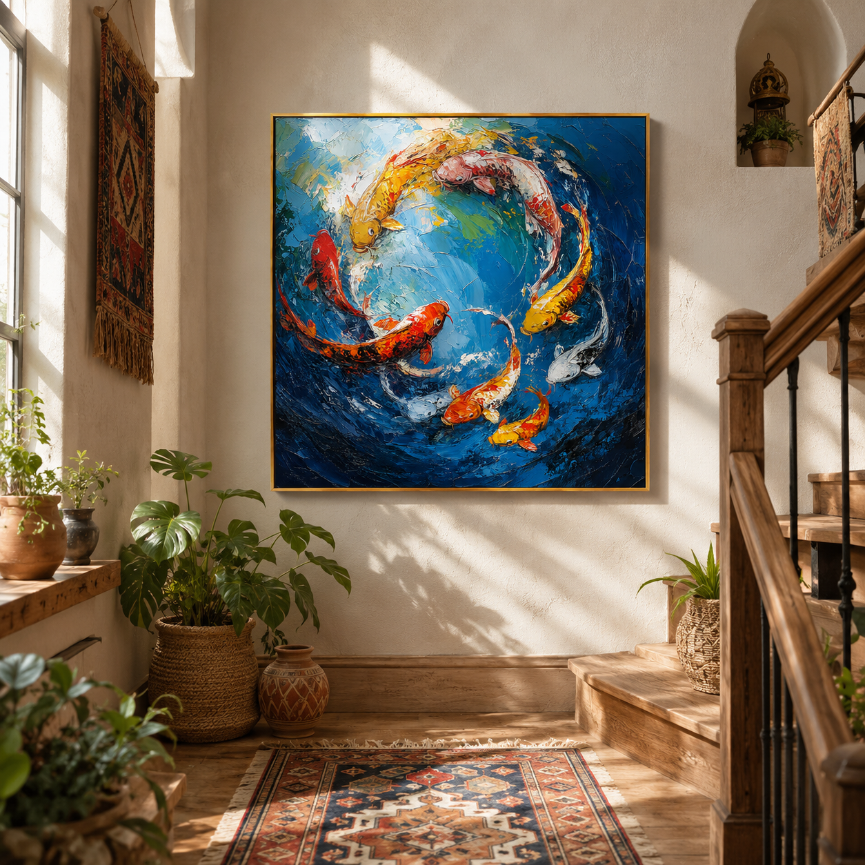 "Prosperity Current" – Colorful Koi Fish Textured Oil Painting