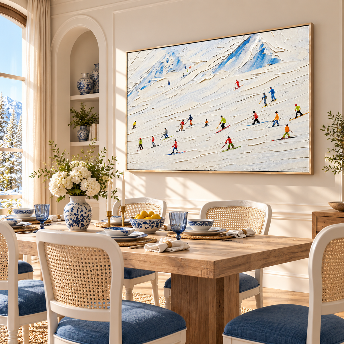 "Alpine Rhythms" – Ski Resort Winter Sports Textured Acrylic Painting