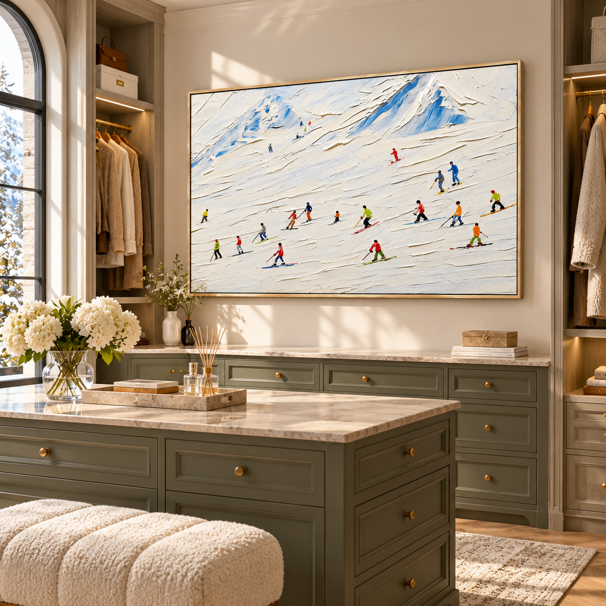 "Alpine Rhythms" – Ski Resort Winter Sports Textured Acrylic Painting