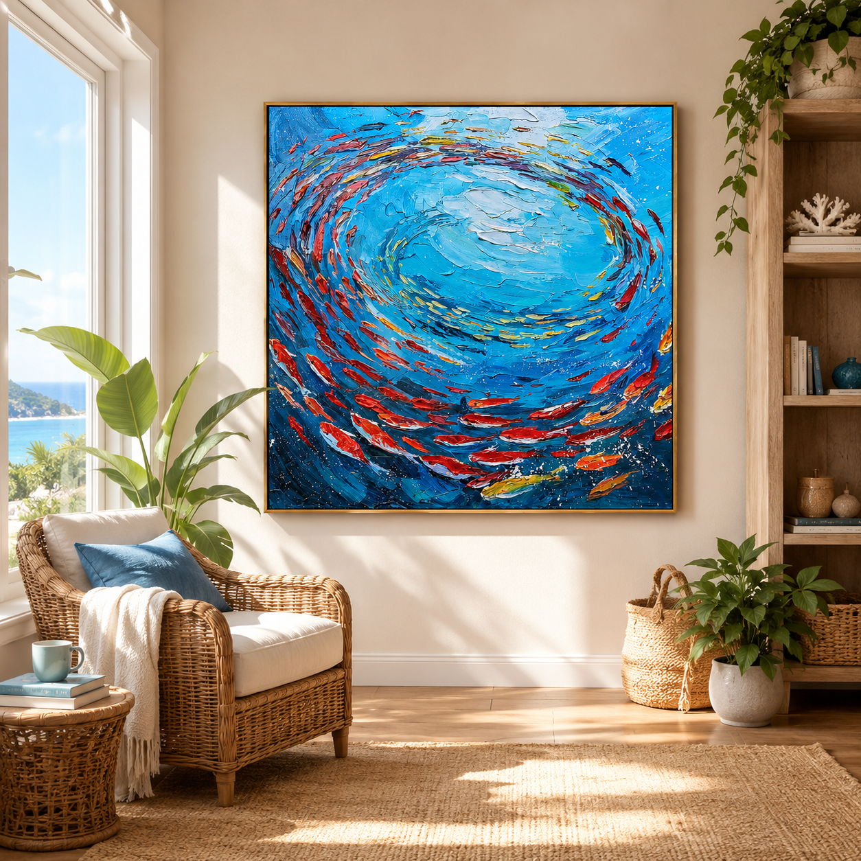 "Circling Abundance" – Blue Fish School Textured Oil Painting