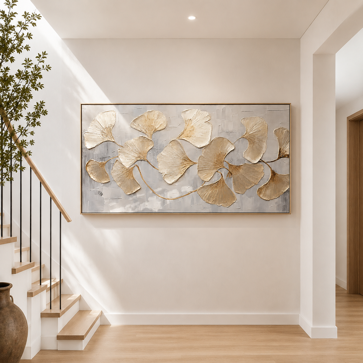 "Whispers of Autumn" – Modern Champagne Gold Ginkgo Leaf 3D Textured Acrylic Painting