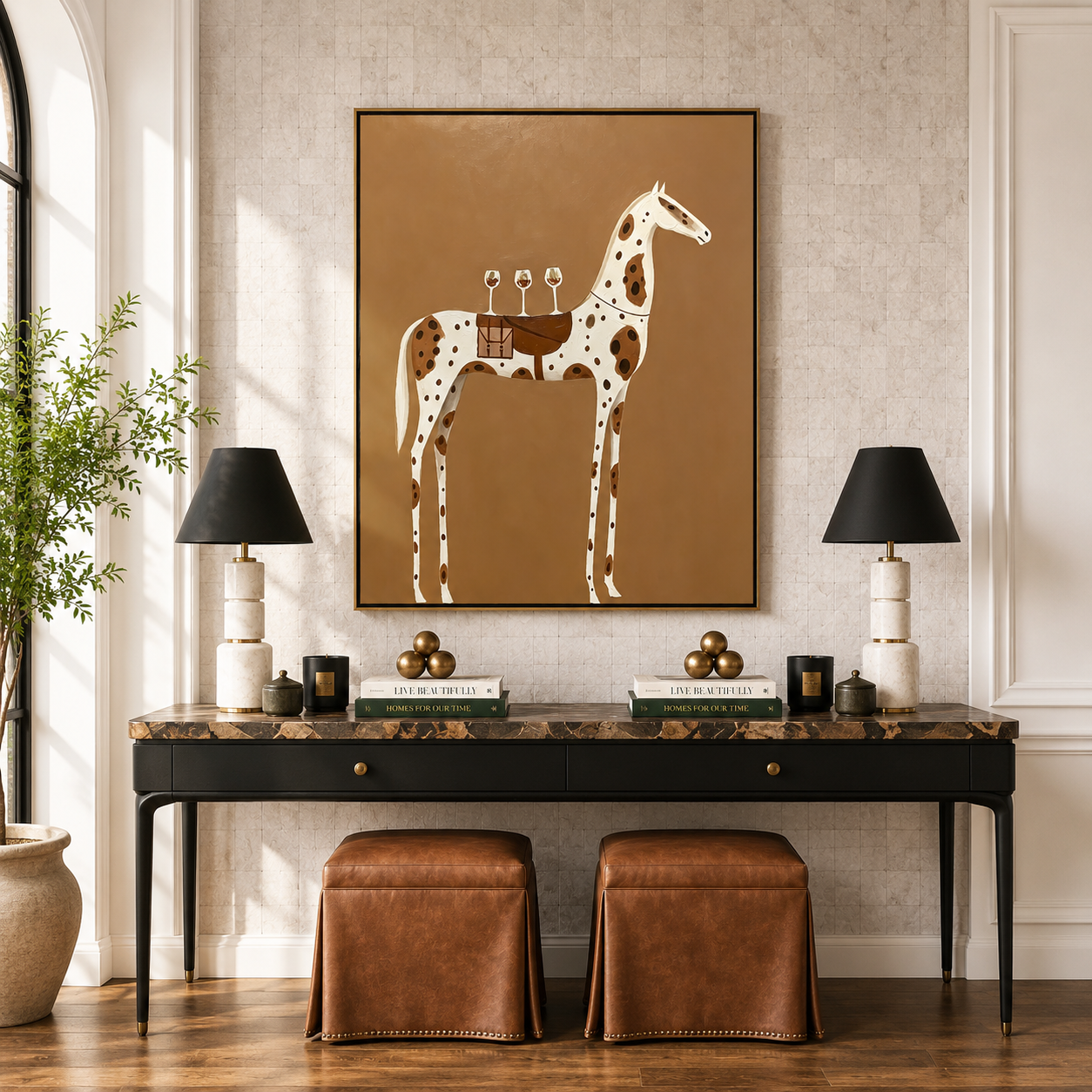 “Toast on the Saddle” – Minimalist Western Spotted Horse Oil Painting