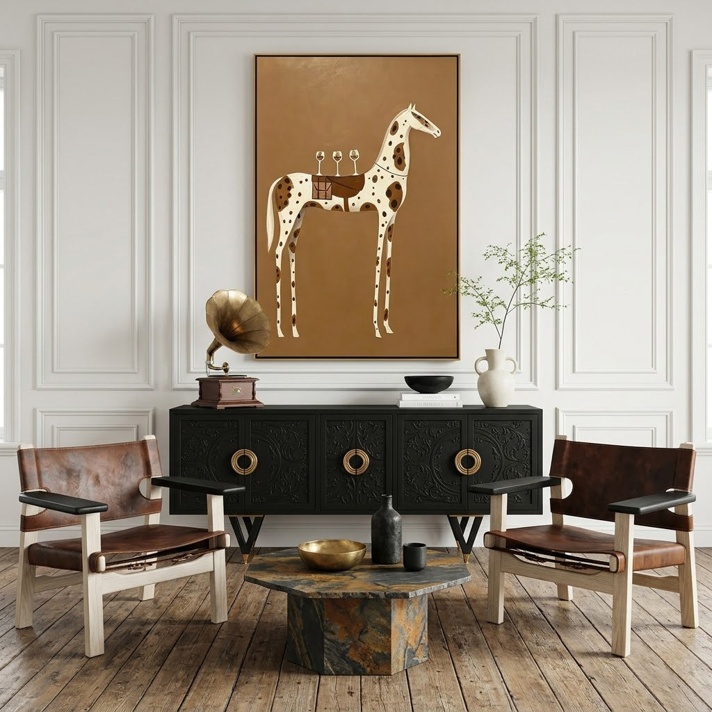 “Toast on the Saddle” – Minimalist Western Spotted Horse Oil Painting