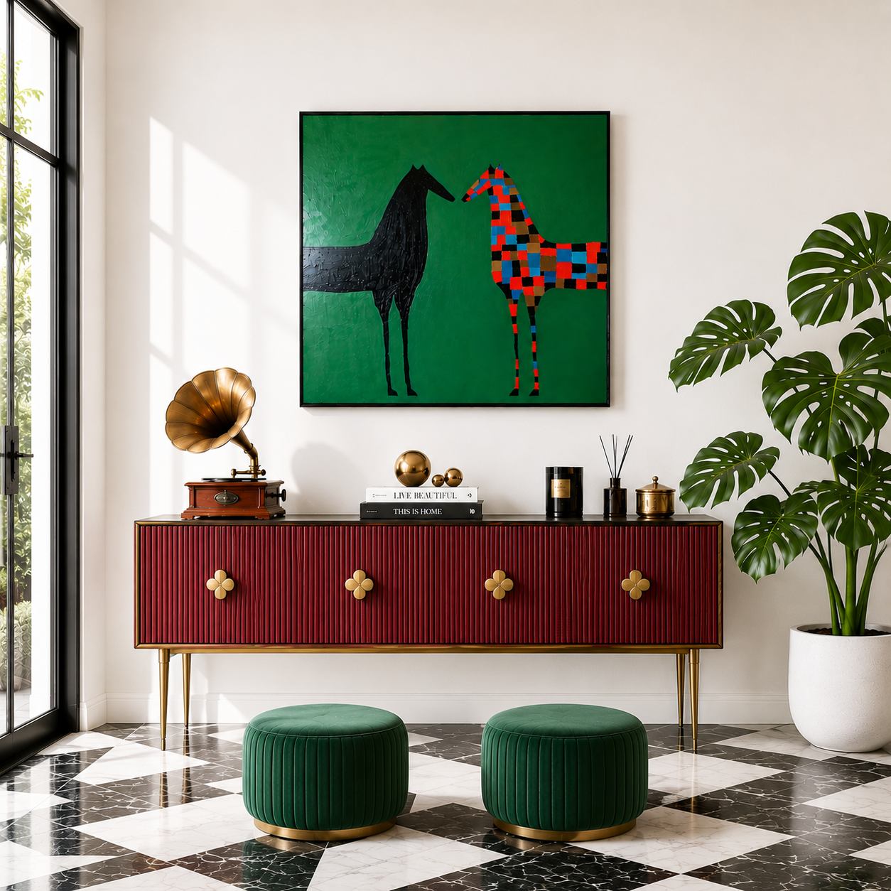 “Colorful Encounter” – Modern Folk Horse Oil Painting