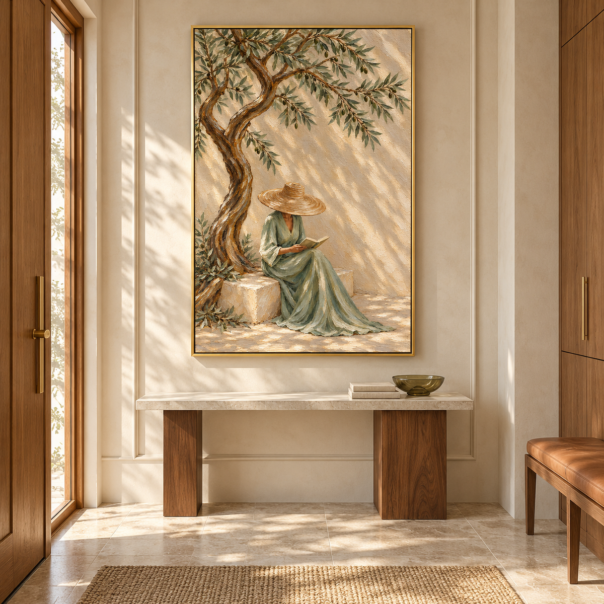 Serenade in Olive Shade" – Mediterranean Wabi-Sabi Sage Green Lady Reading Textured Acrylic Painting
