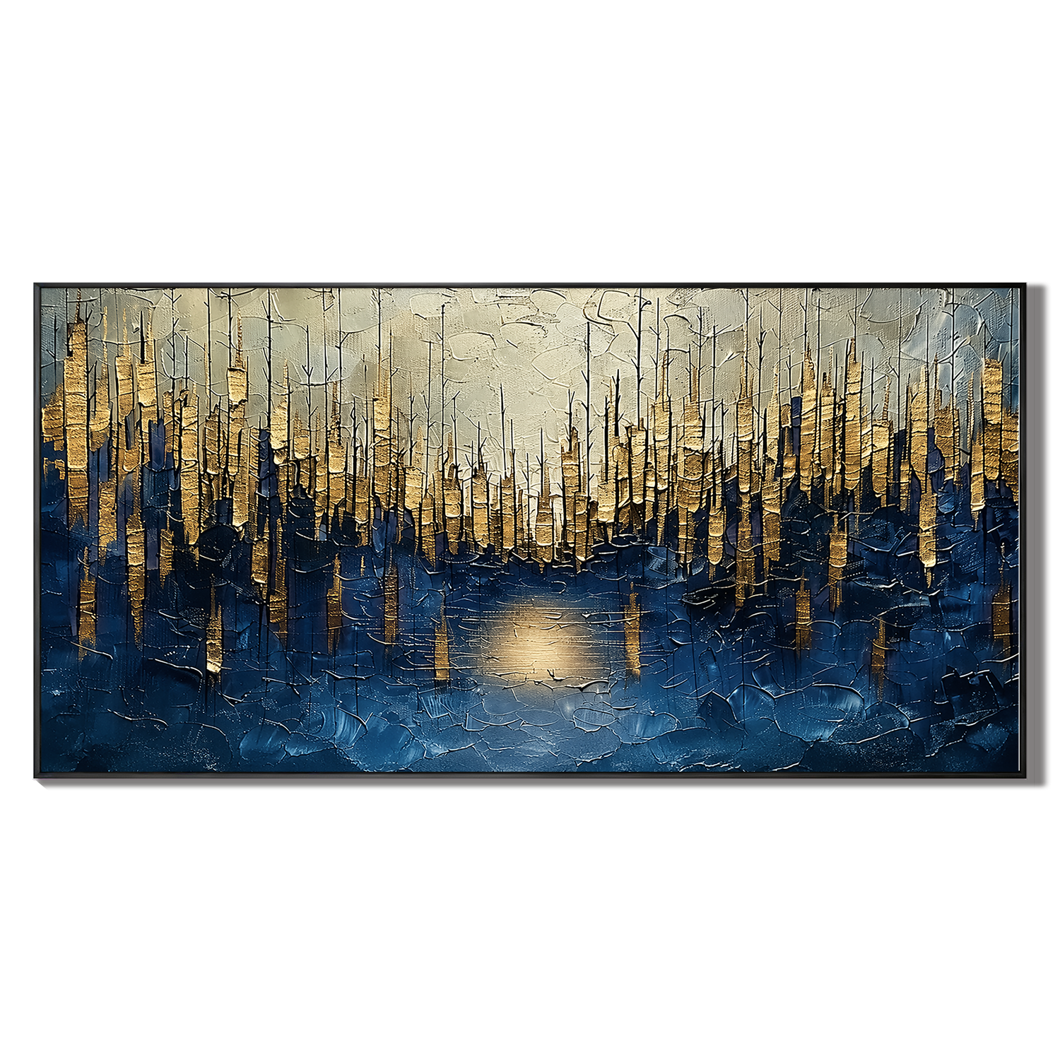 “Golden Metropolis” – Blue and Gold Abstract Cityscape Oil Painting