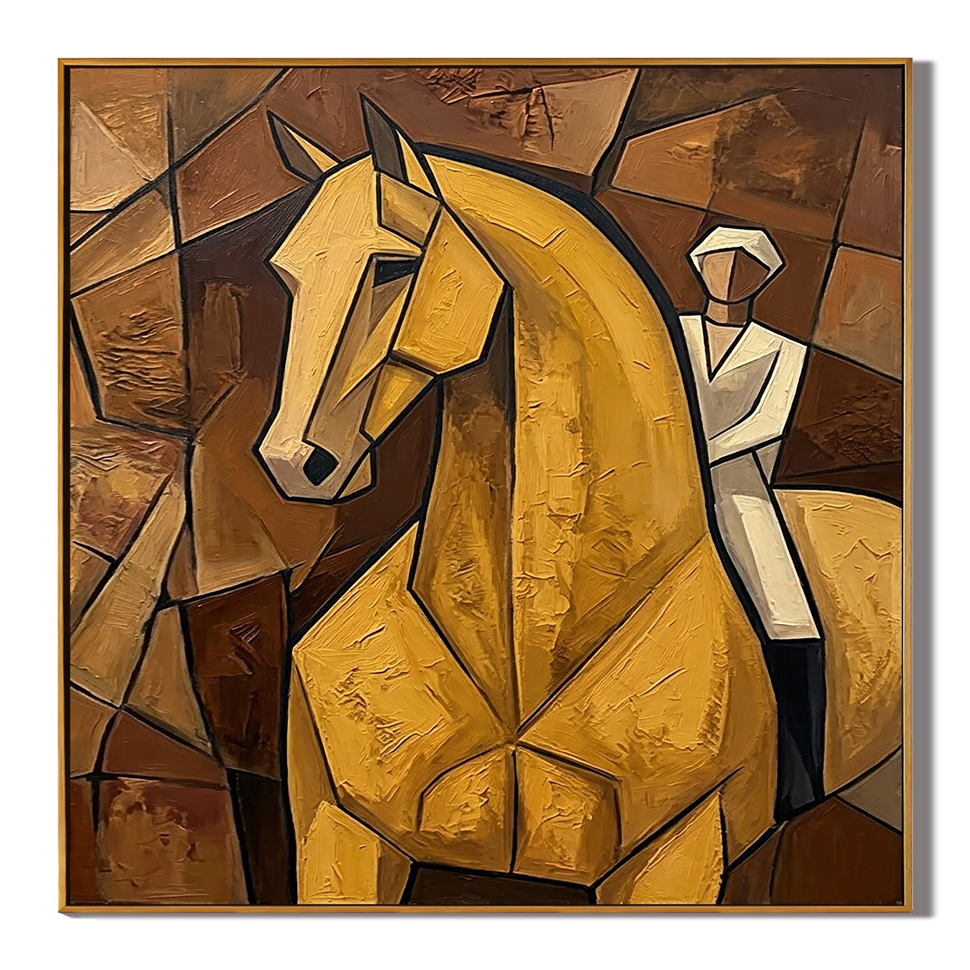 "Golden Equestrian" – Cubist Horse Rider Oil Painting in Warm Brown Tones