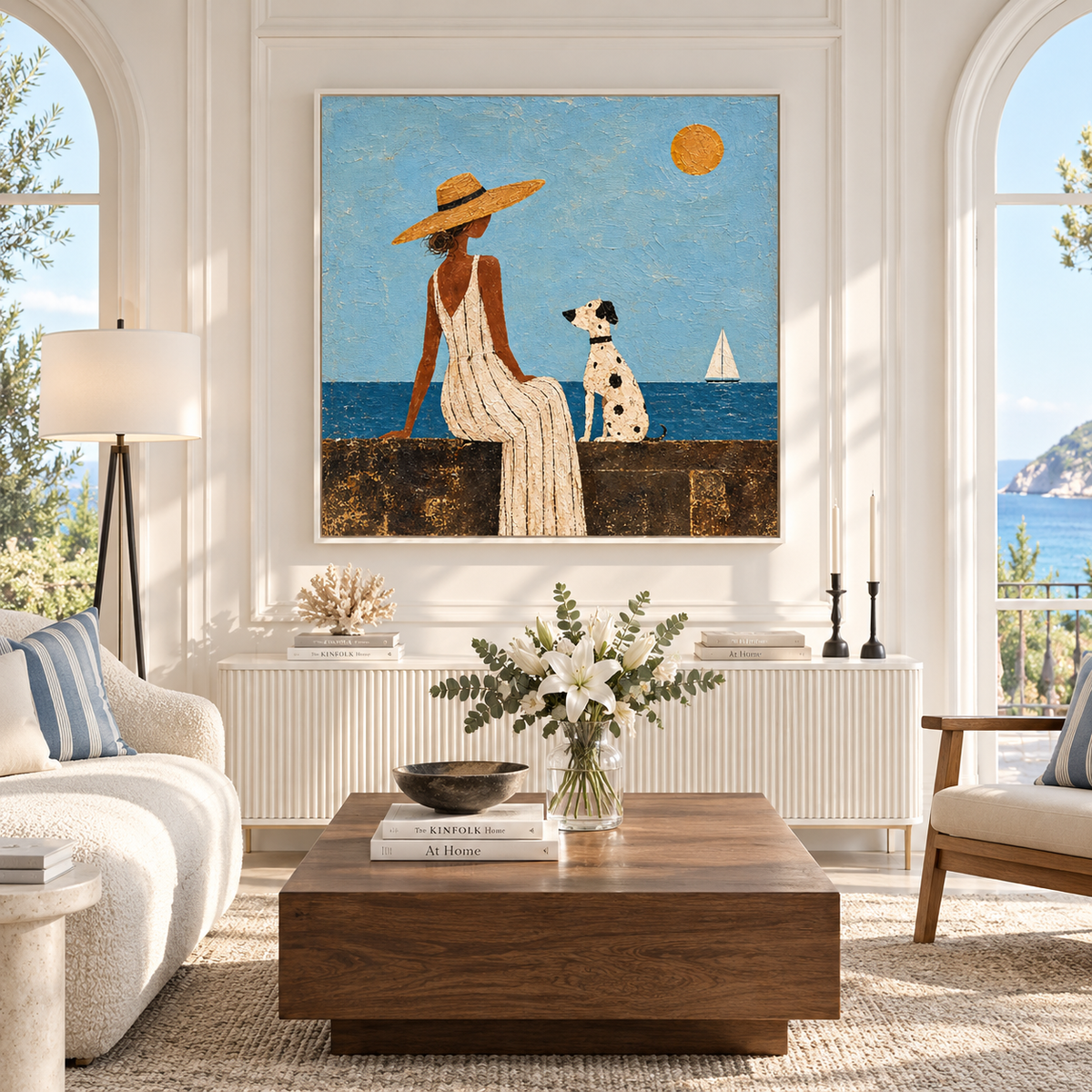 "Seaside Companionship" – Mediterranean Retro Coastal Lady and Dog Textured Oil Painting