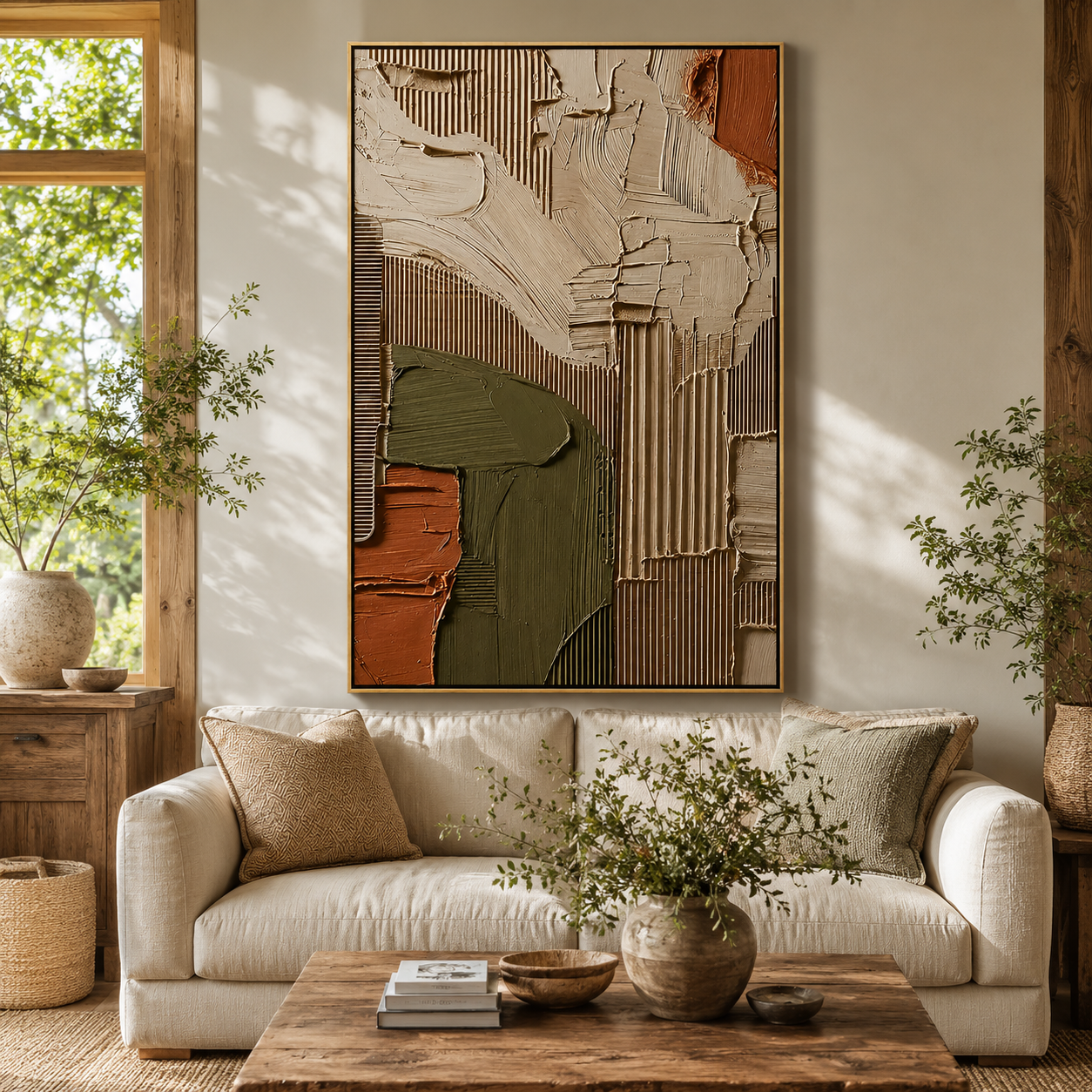 "Earthen Facade" – Olive Green Terracotta Textured Abstract Painting
