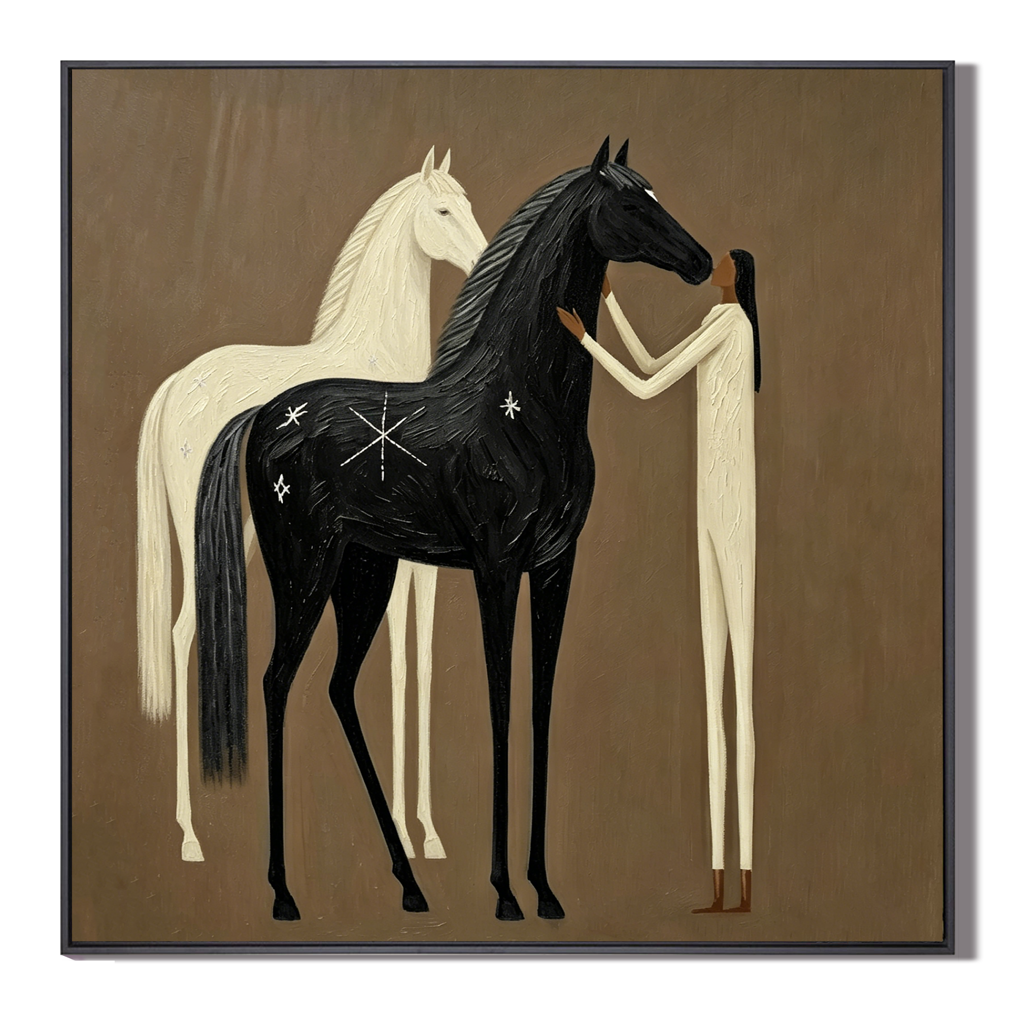 “Moonlit Companions” – Boho Folk Black and White Horse Oil Painting