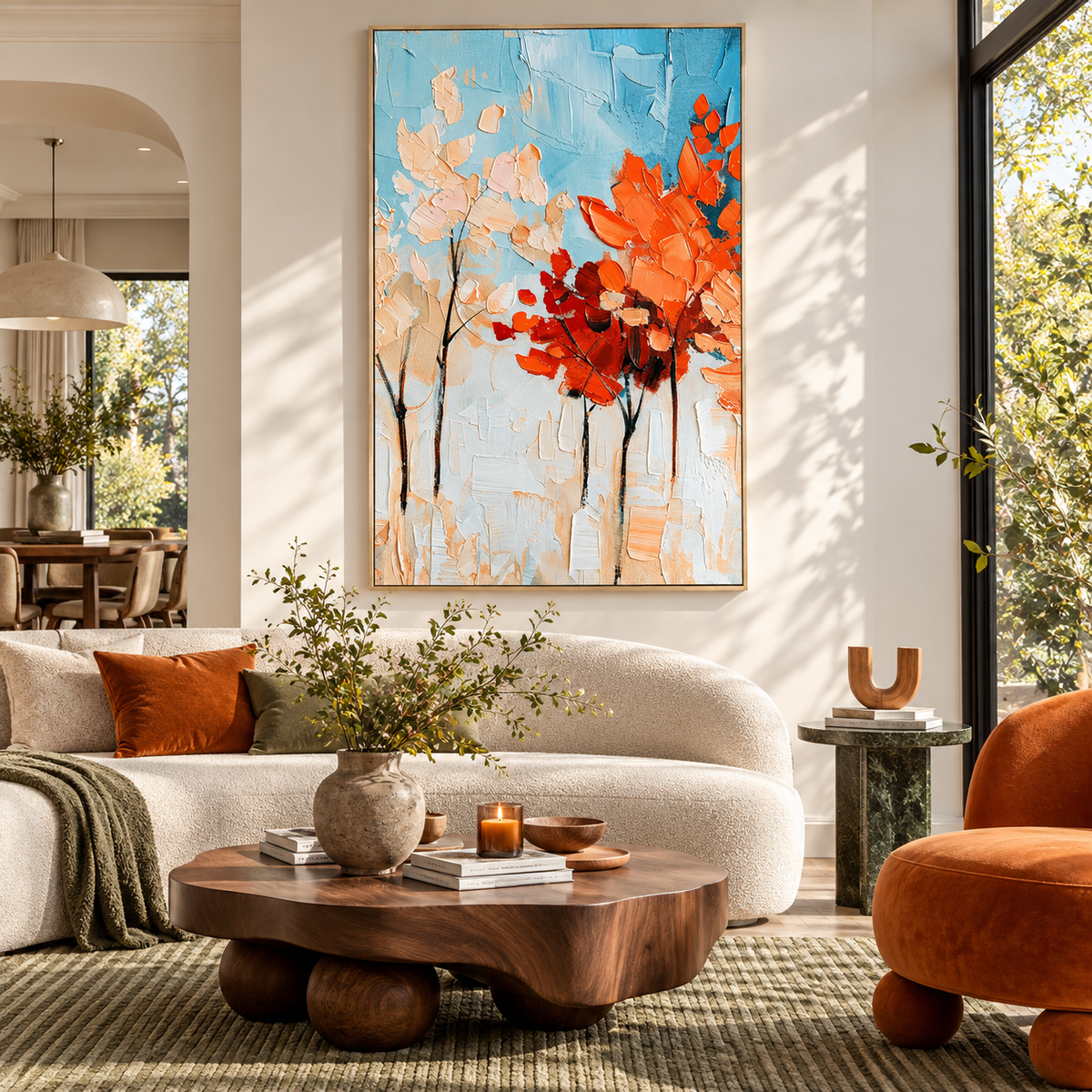 "Tango of Seasons" – Vibrant Autumn Trees Blue & Orange Textured Impasto Painting