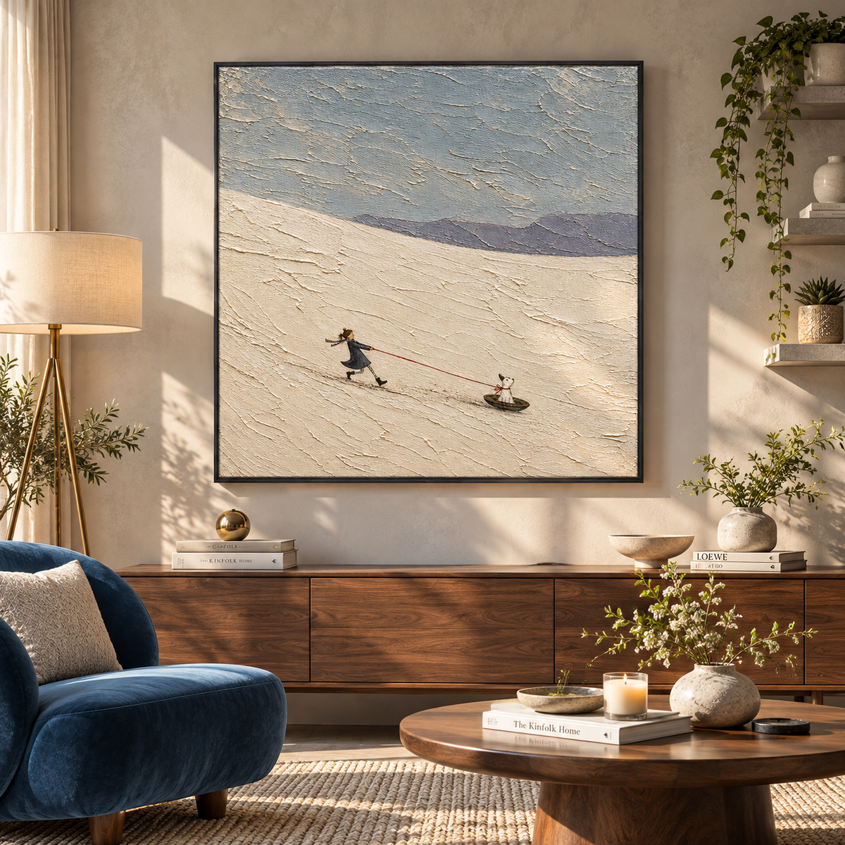 "Winter Companions" – Whimsical Girl & Dog Snow Scene Textured Acrylic Painting