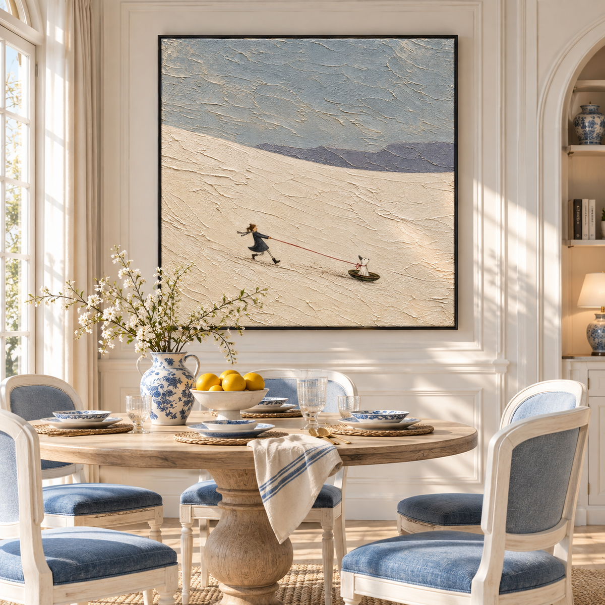 "Winter Companions" – Whimsical Girl & Dog Snow Scene Textured Acrylic Painting