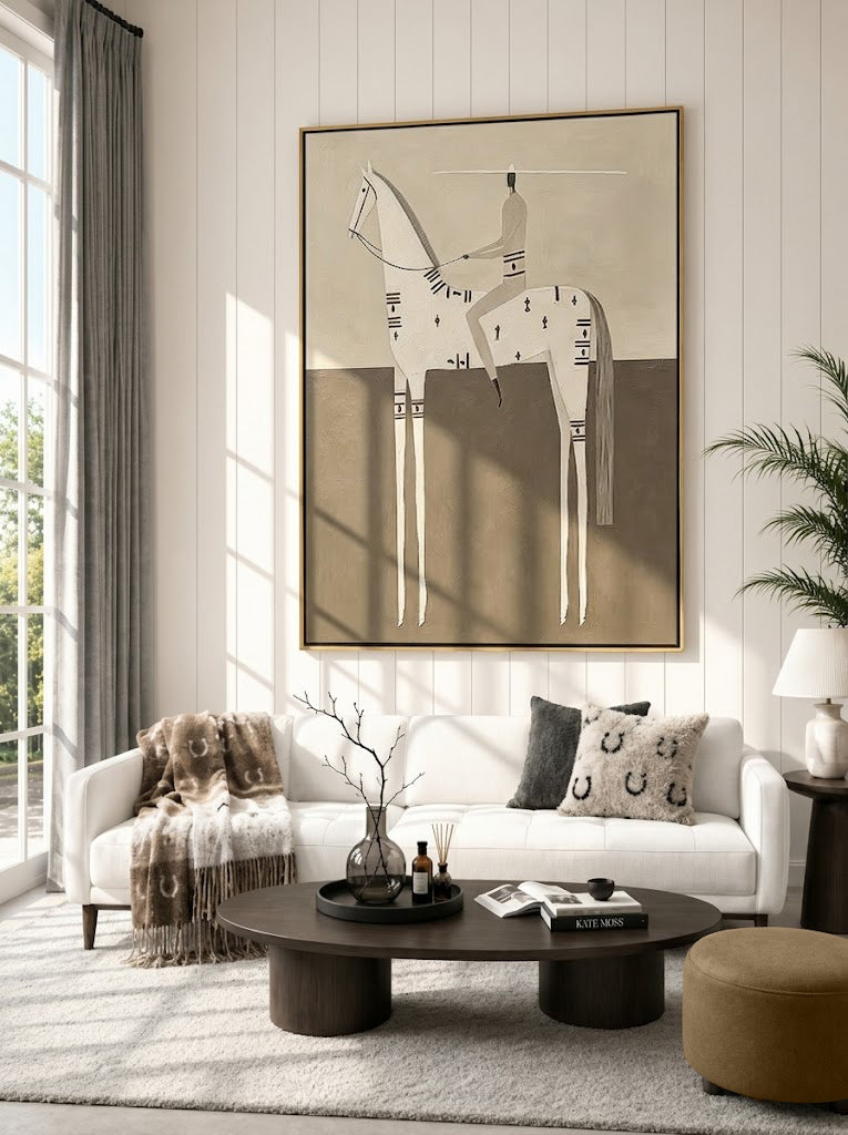 “Sacred Stillness” – Minimalist Western White Horse Folk Art Oil Painting