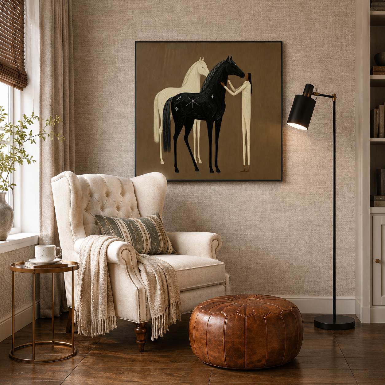 “Moonlit Companions” – Boho Folk Black and White Horse Oil Painting