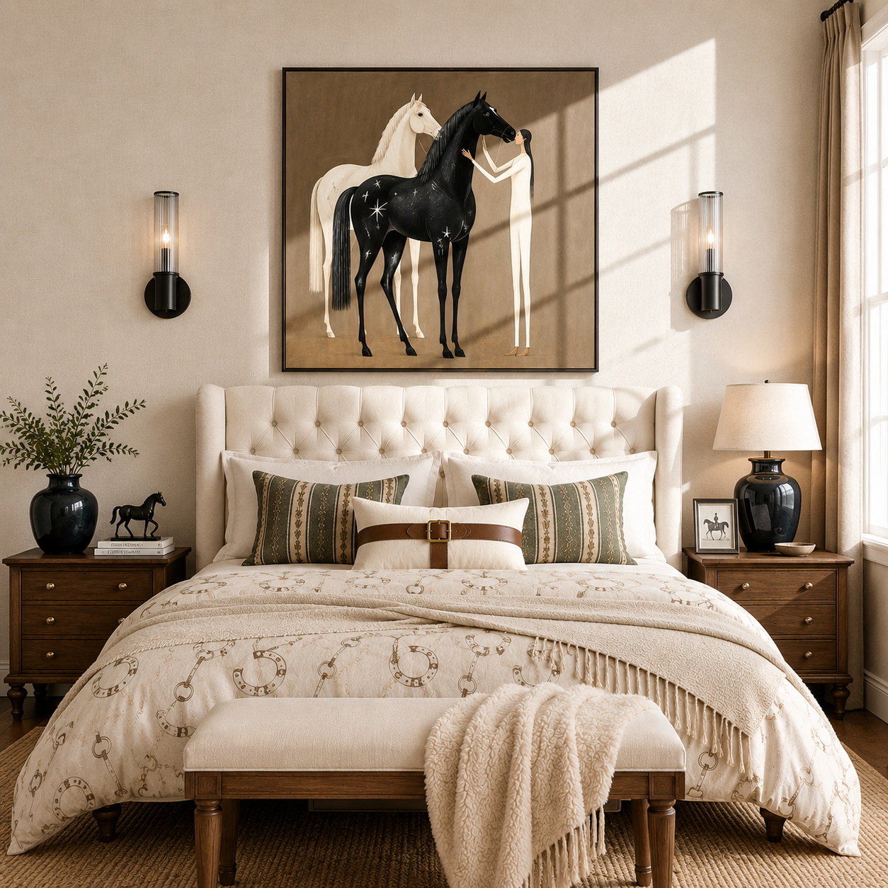 “Moonlit Companions” – Boho Folk Black and White Horse Oil Painting