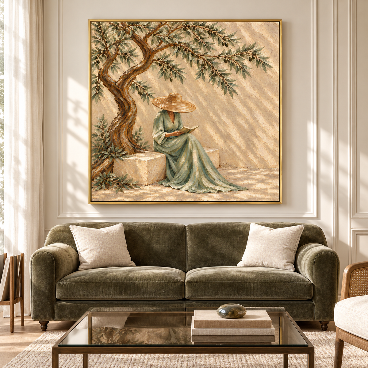 "Serenade in Olive Shade" – Mediterranean Wabi-Sabi Sage Green Lady Reading Textured Acrylic Painting