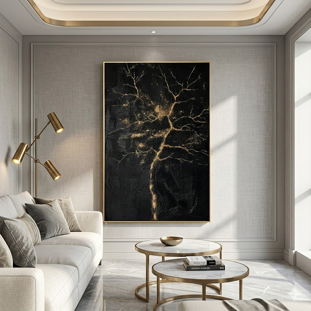 "Gilded Veins" – Black Gold Tree Textured Abstract Painting