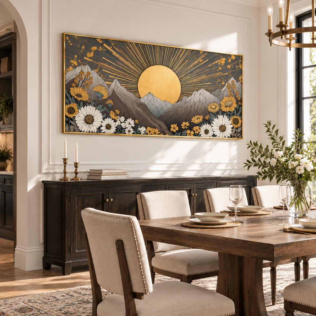 "Golden Meridian" – Art Deco Mountain Sunrise Hand-Painted Oil Painting