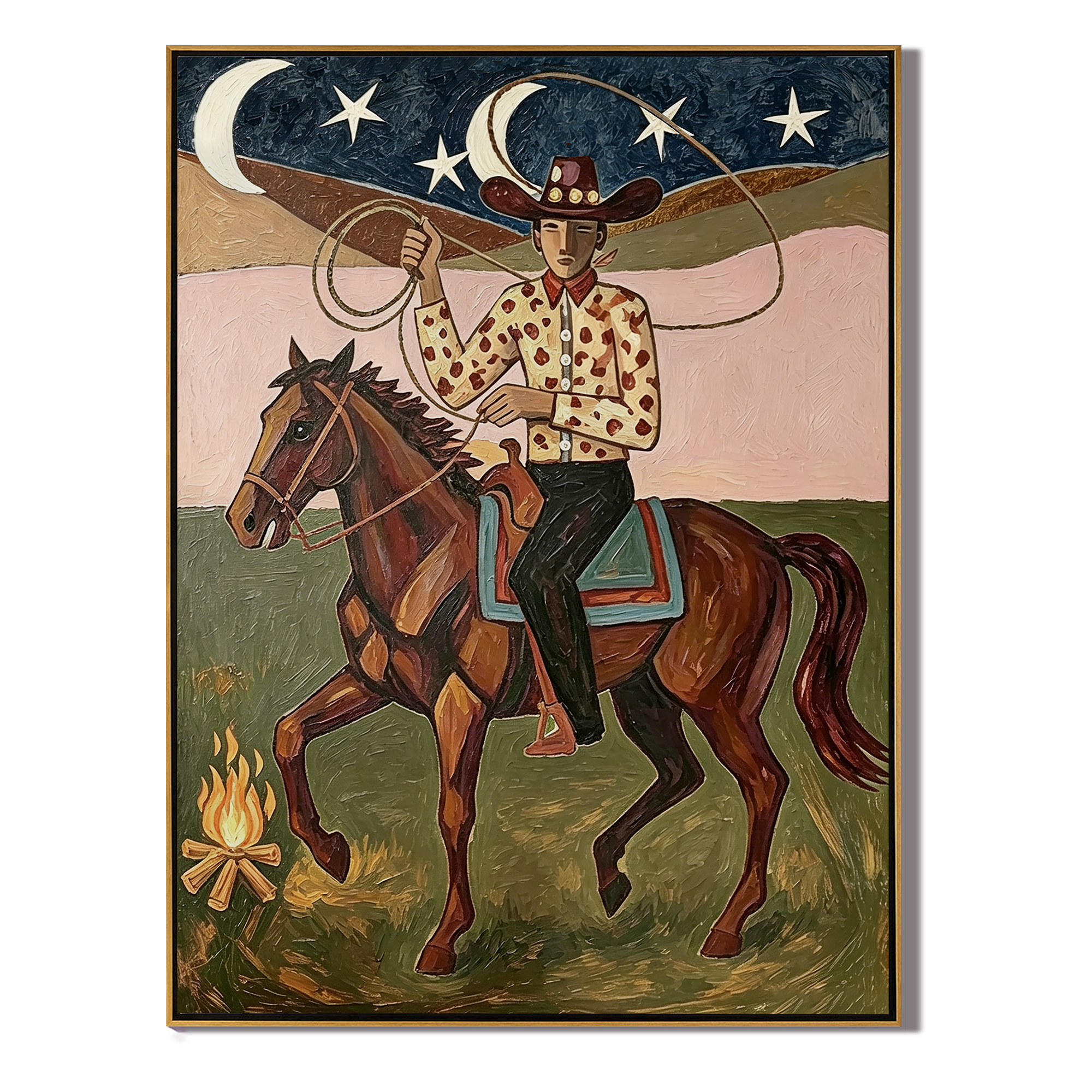 “Starlit Rodeo” – Vintage Western Cowboy Horse Oil Painting