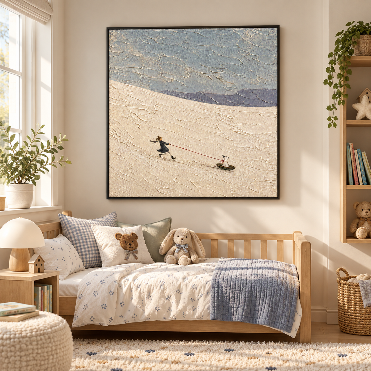 "Winter Companions" – Whimsical Girl & Dog Snow Scene Textured Acrylic Painting