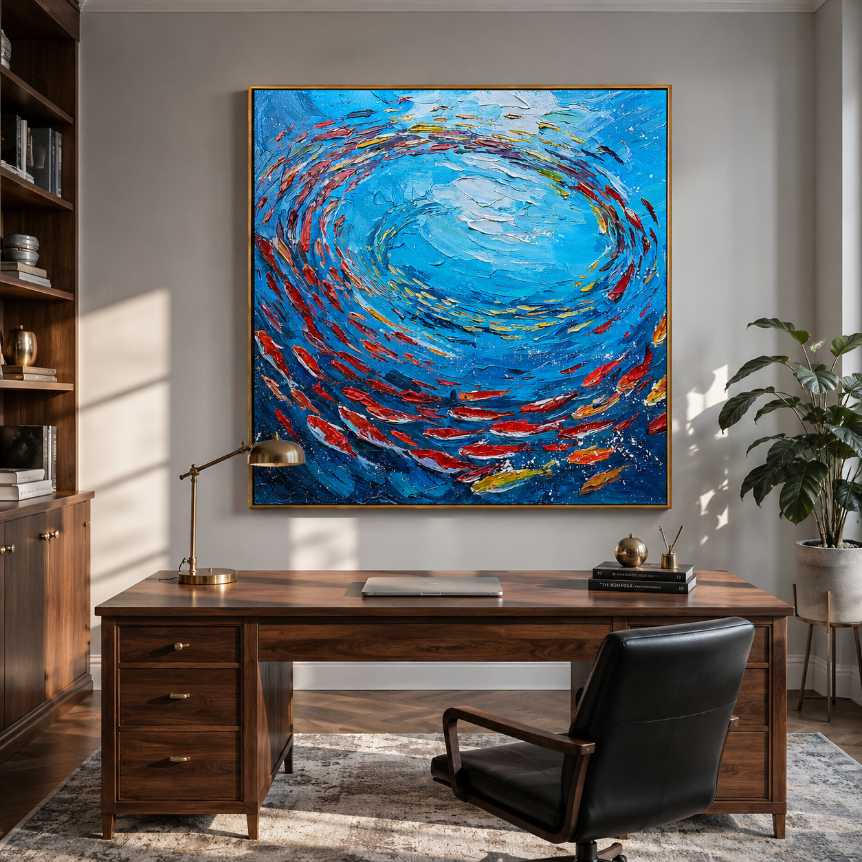 "Circling Abundance" – Blue Fish School Textured Oil Painting