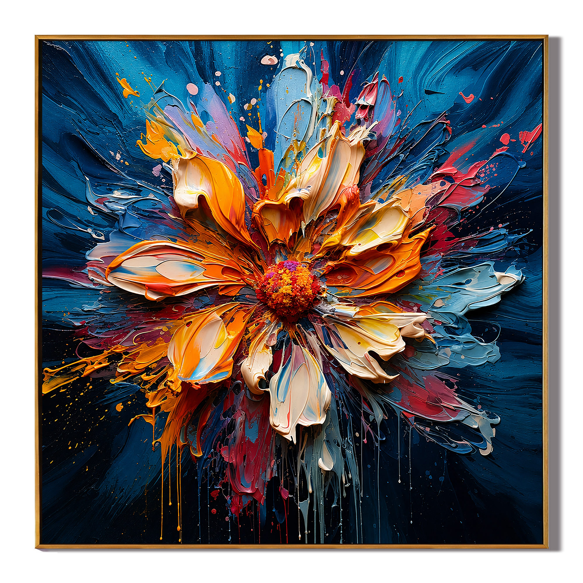 "Radiant Bloom" – Orange Blue Floral Textured Oil Painting