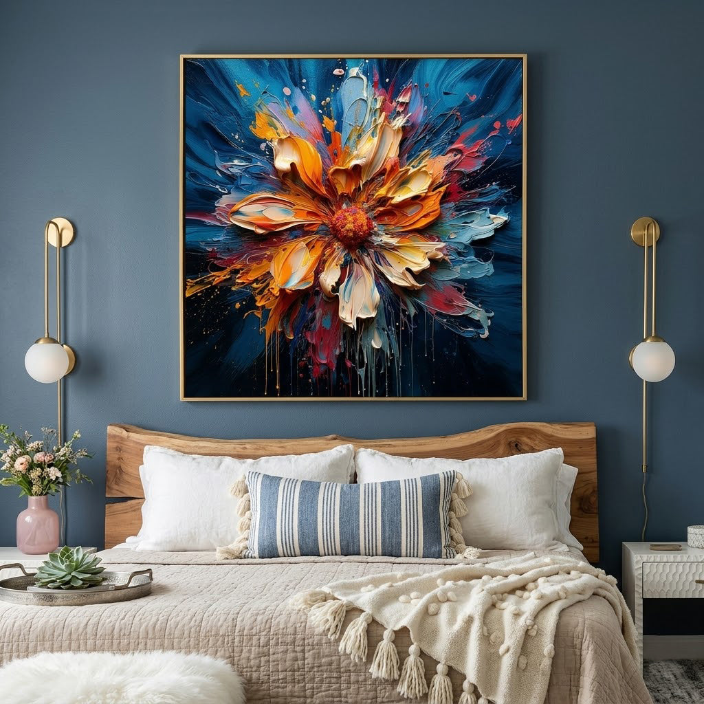 "Radiant Bloom" – Orange Blue Floral Textured Oil Painting