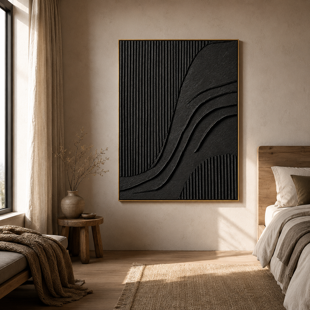 "Noir Rhythm" – Black Geometric Textured Abstract Painting