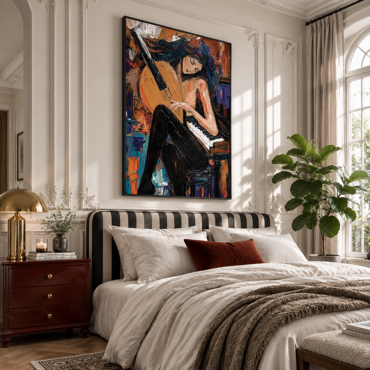 "Midnight Sonata" – Modern Figurative Musician Amber Impasto Oil Painting