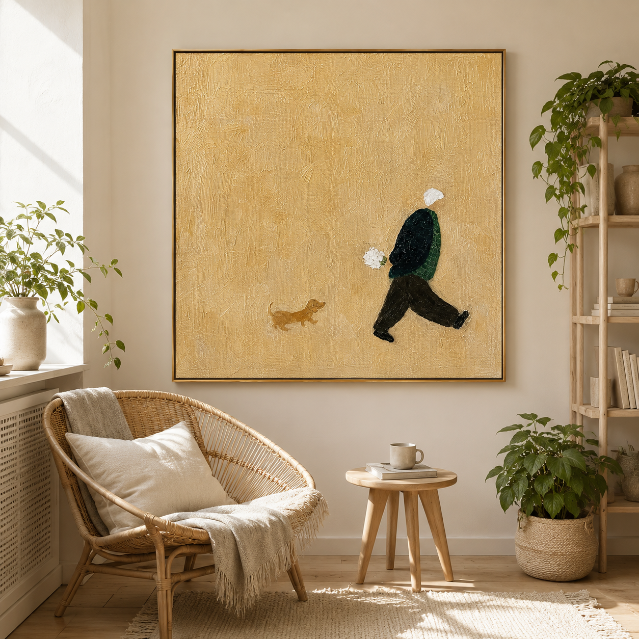 "Afternoon Walk" – Minimalist Figure and Dog Textured Painting
