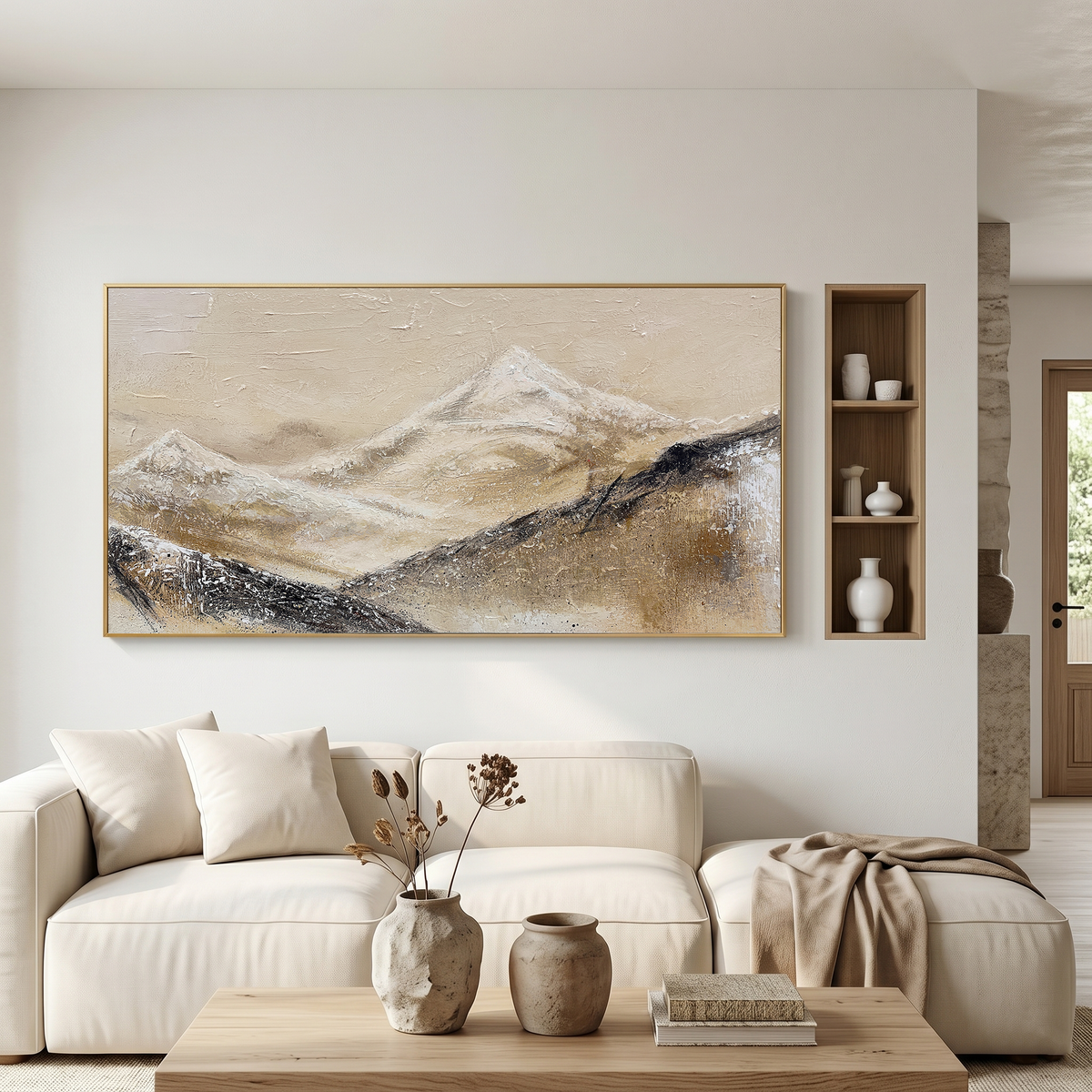 “Silent Mountain Trace” – Wabi-Sabi Beige Abstract Landscape Hand-Painted Canvas Art