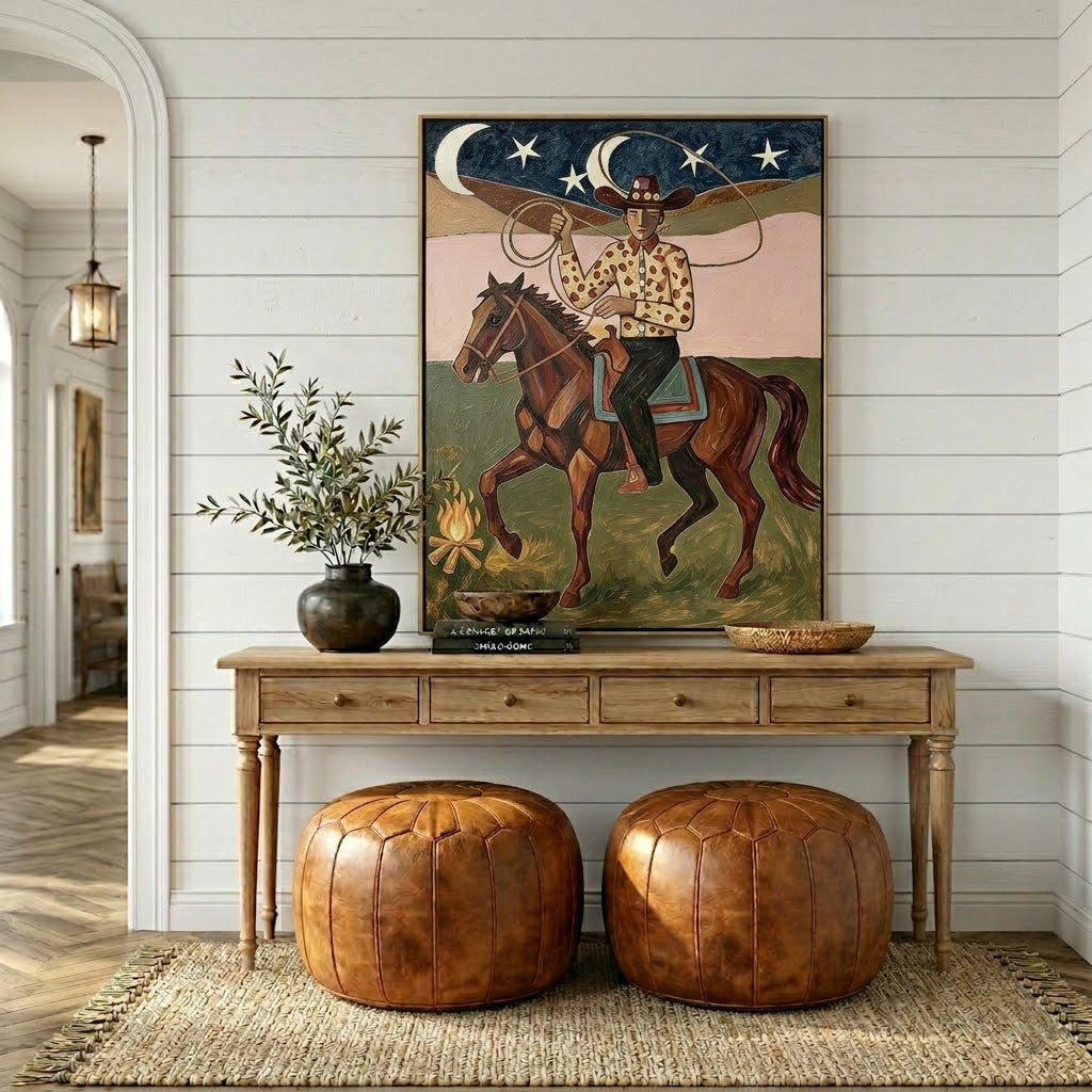 “Starlit Rodeo” – Vintage Western Cowboy Horse Oil Painting