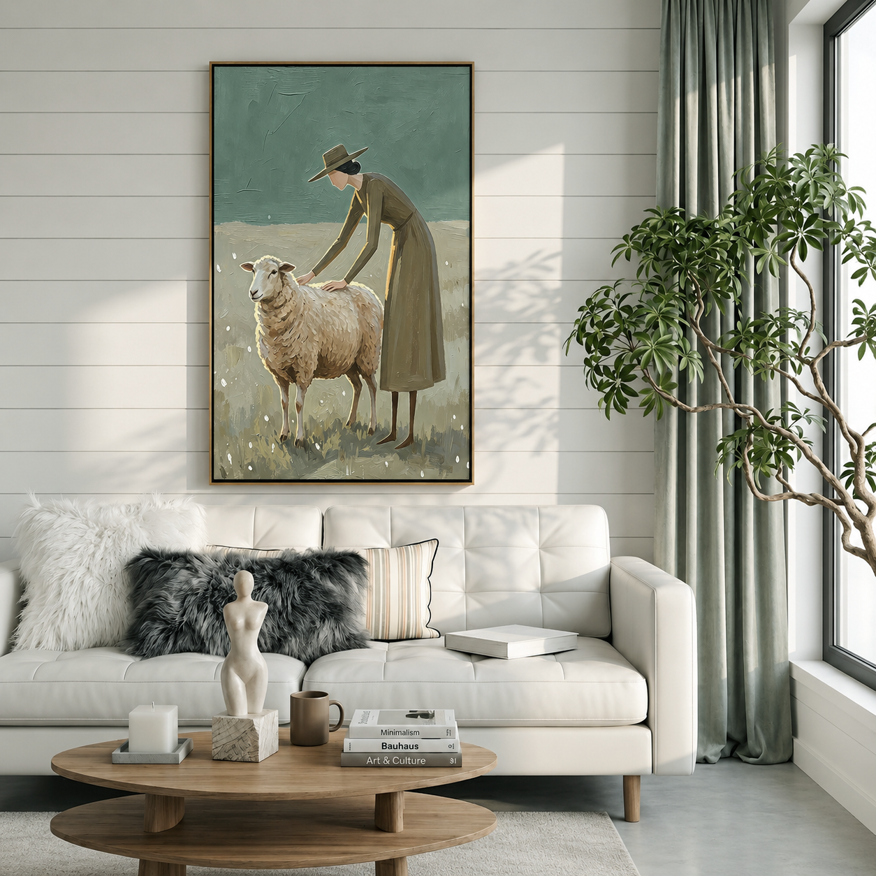 “Gentle Pasture” – Sage Green Shepherd Woman Oil Painting
