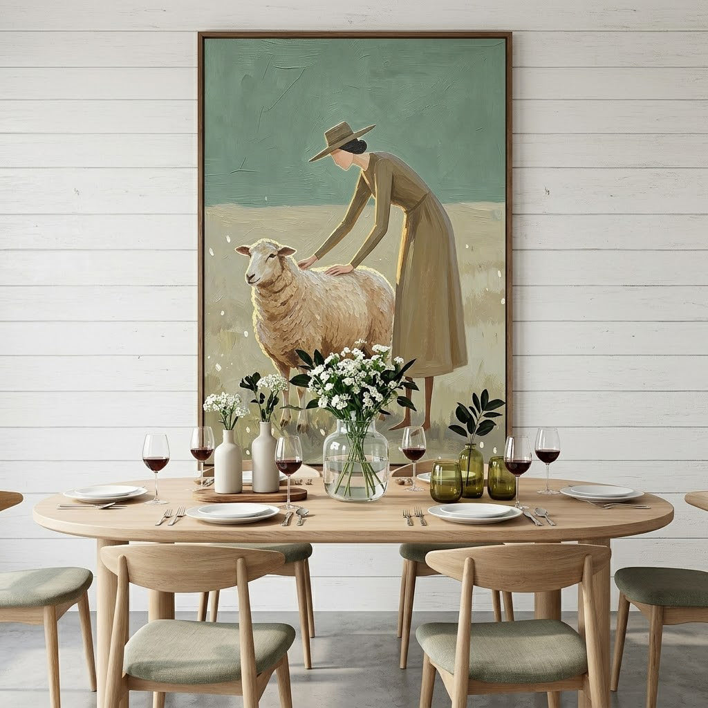 “Gentle Pasture” – Sage Green Shepherd Woman Oil Painting