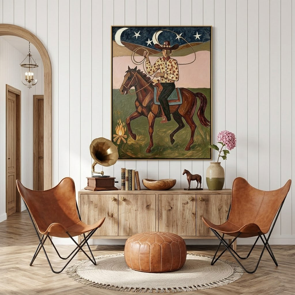 “Starlit Rodeo” – Vintage Western Cowboy Horse Oil Painting