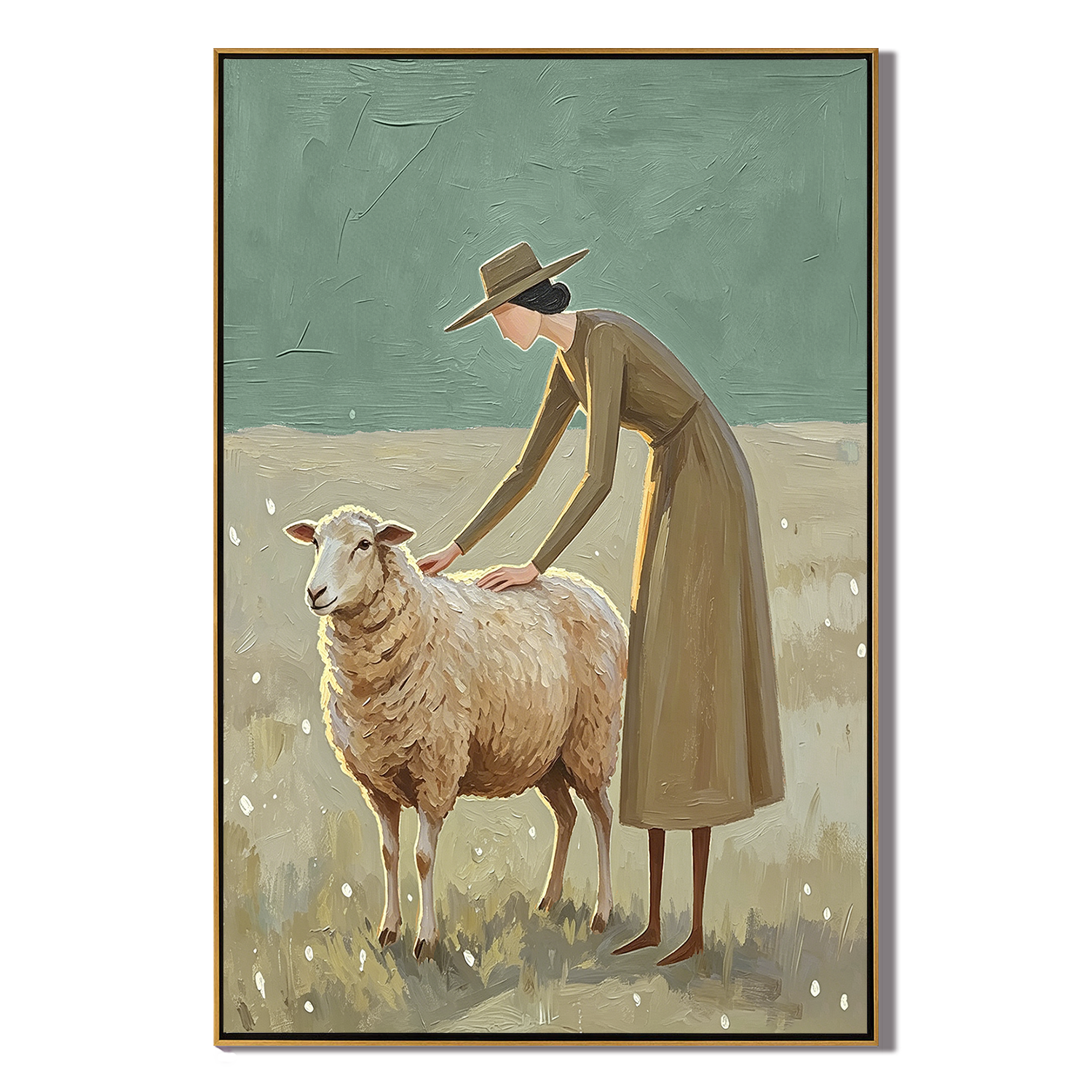 “Gentle Pasture” – Sage Green Shepherd Woman Oil Painting