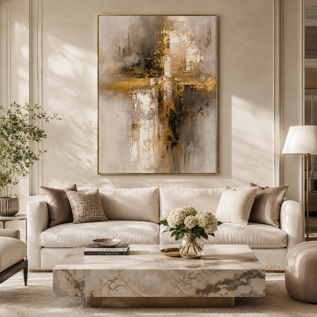 "Gilded Skyline" – Gold Gray Industrial Textured Abstract Painting