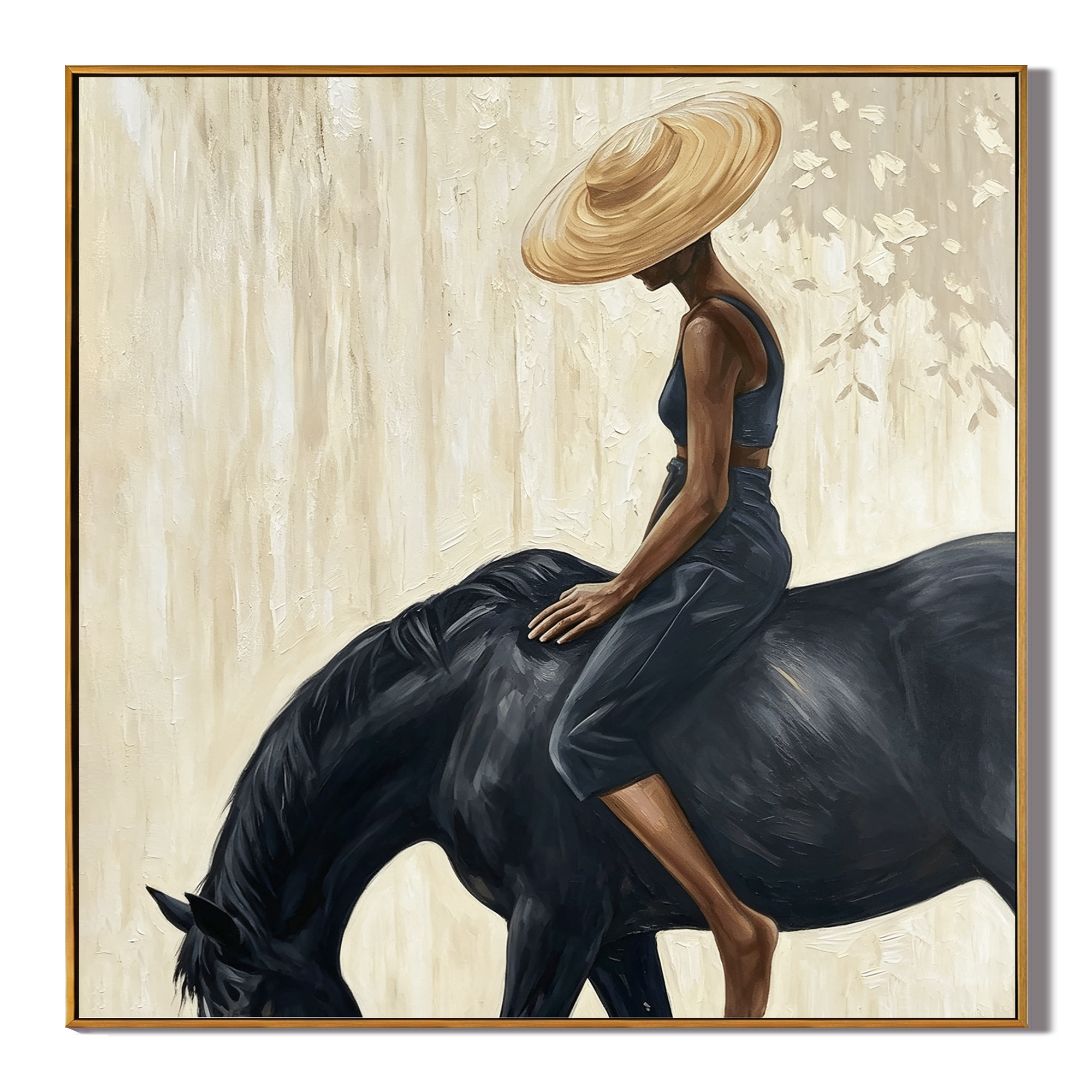 “Silent Ride” – Elegant Black Horse and Woman Oil Painting