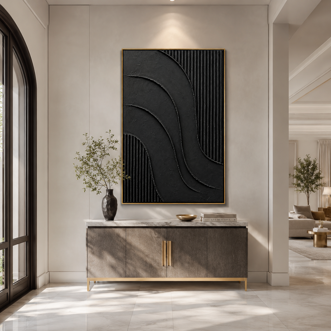"Noir Current" – Black Wabi Sabi Abstract Textured Wall Art